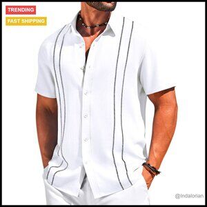Men's Cuban Guayabera Shirt Casual Linen Summer Beach Button Down Short Sleeve
